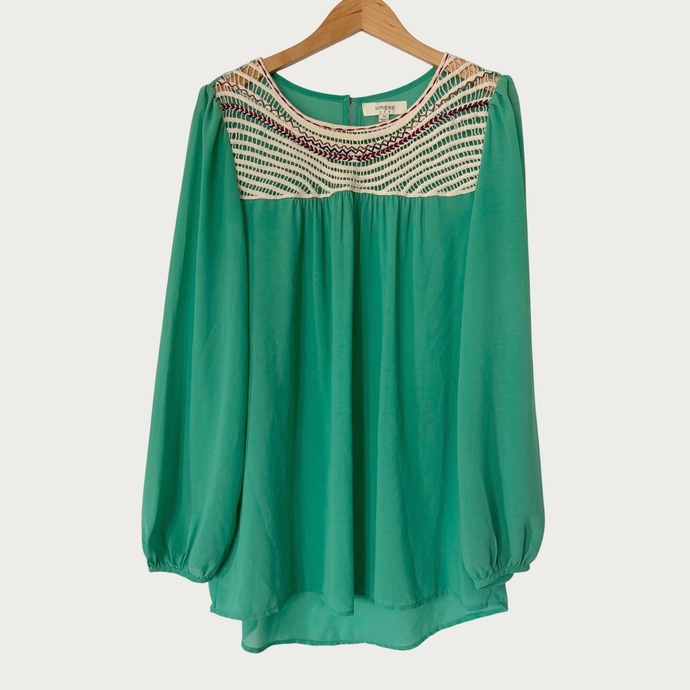 Umgee Crochet Yoke Women M Green Long Sleeve Blouse Boho Embroidered Peasant